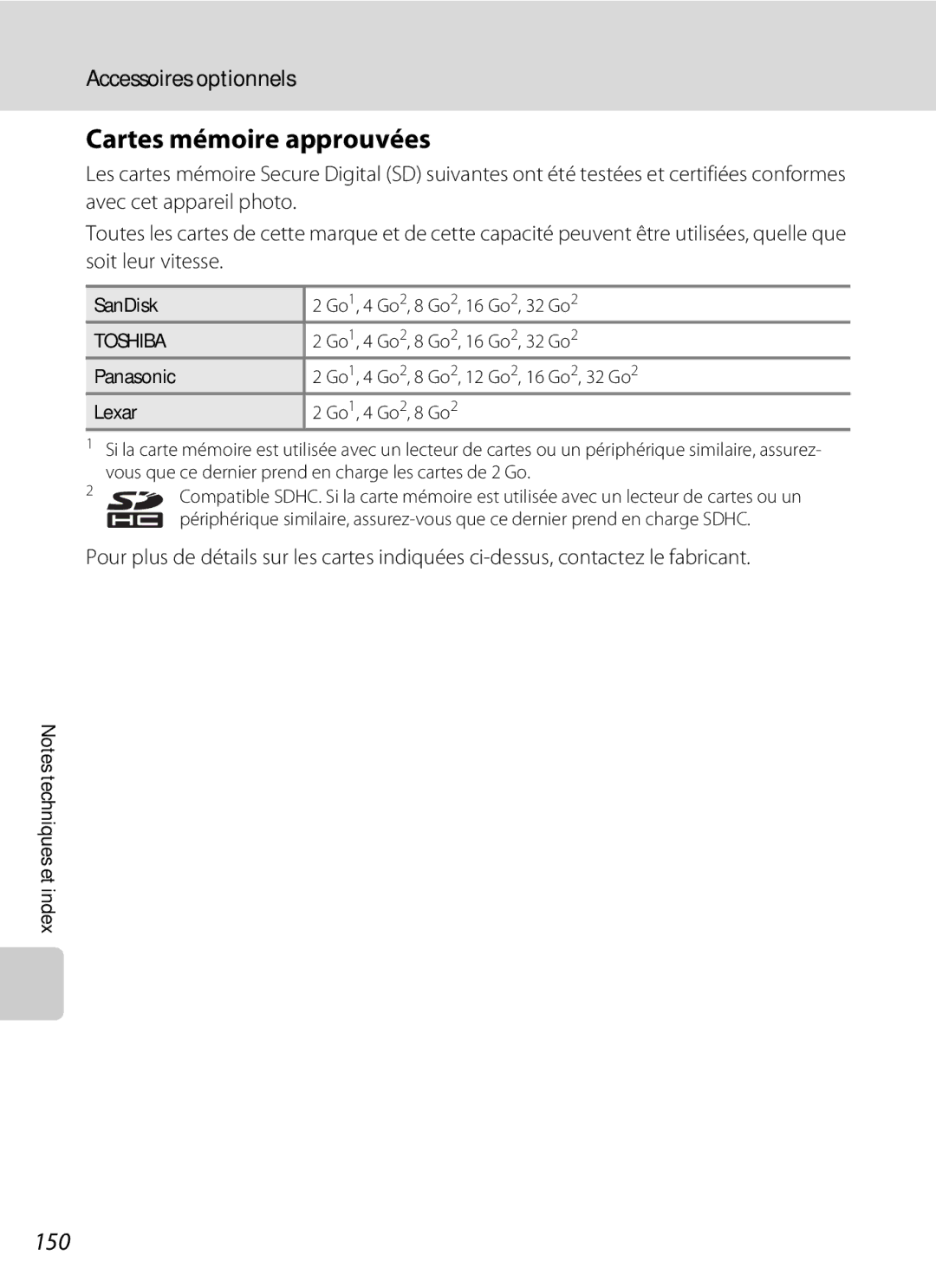 Nikon S3000 Cartes mémoire approuvées, 150, Accessoires optionnels, SanDisk Go 1, 4 Go 2, 8 Go 2, 16 Go 2, 32 Go 