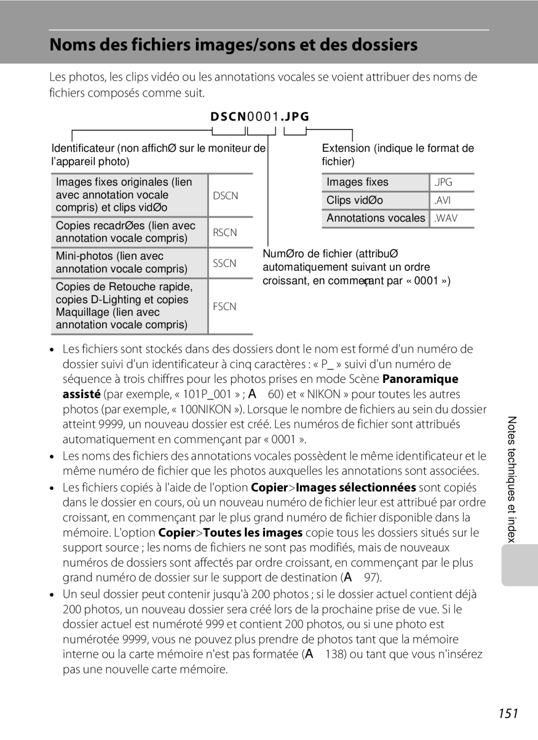 Nikon S3000 manuel dutilisation Noms des fichiers images/sons et des dossiers, 151 