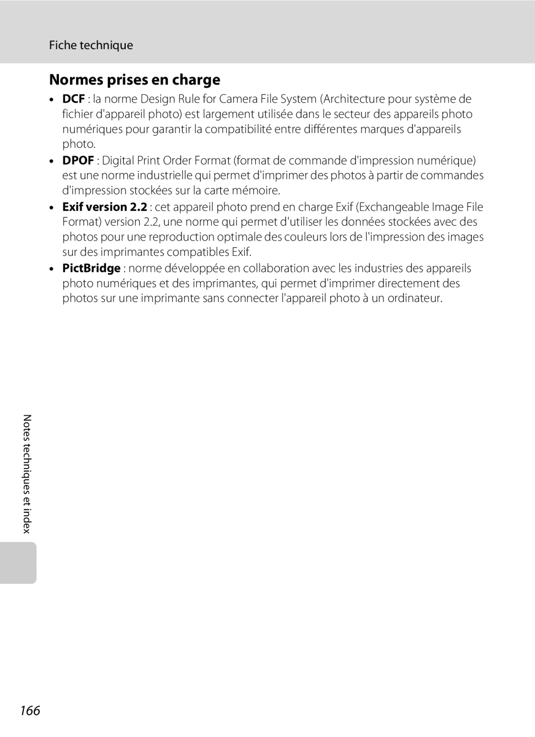 Nikon S3000 manuel dutilisation Normes prises en charge, 166 