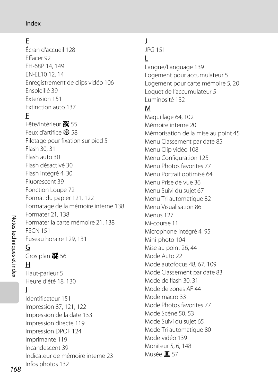 Nikon S3000 manuel dutilisation 168, Index 