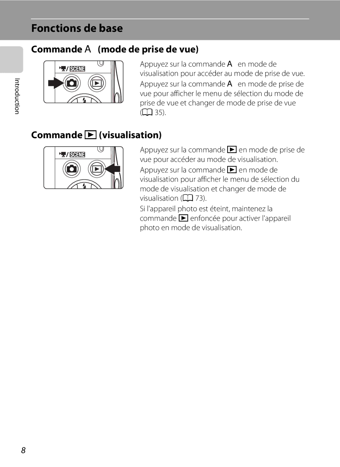 Nikon S3000 manuel dutilisation Fonctions de base, Commande Amode de prise de vue, Commande cvisualisation 