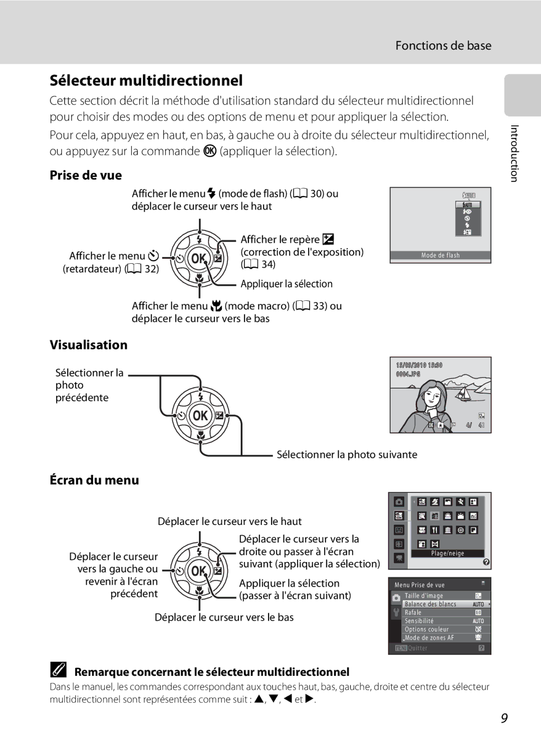 Nikon S3000 manuel dutilisation Sélecteur multidirectionnel, Fonctions de base, Prise de vue, Visualisation, Écran du menu 