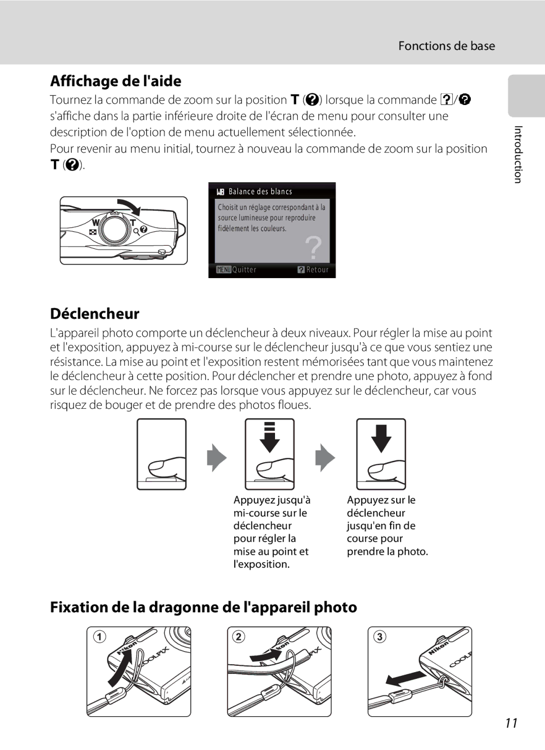 Nikon S3000 manuel dutilisation Affichage de laide, Déclencheur, Fixation de la dragonne de lappareil photo, Lexposition 