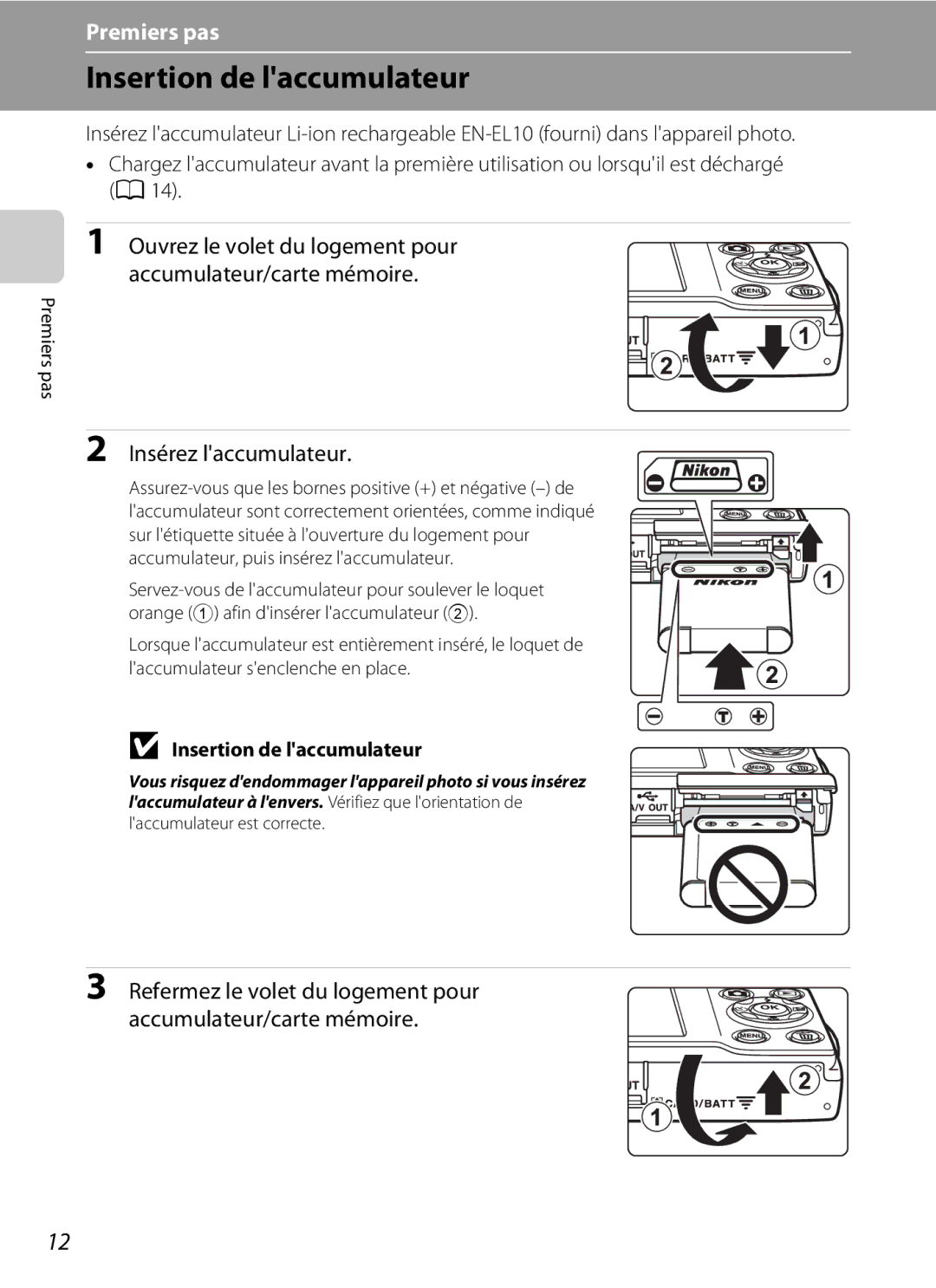 Nikon S3000 manuel dutilisation Insertion de laccumulateur, Insérez laccumulateur, Premiers pas 