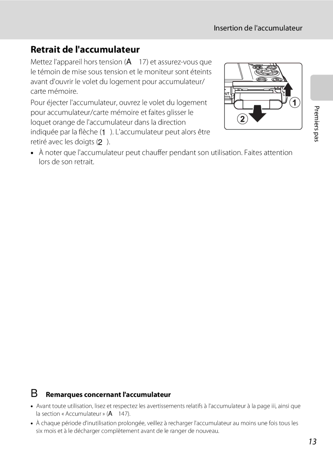 Nikon S3000 manuel dutilisation Retrait de laccumulateur, Insertion de laccumulateur, Remarques concernant laccumulateur 