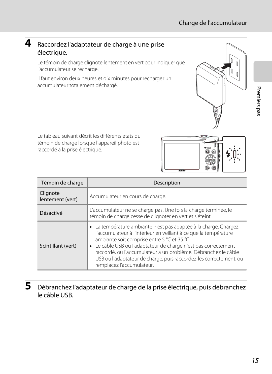 Nikon S3000 Témoin de charge cesse de clignoter en vert et séteint, Ambiante soit comprise entre 5 C et 35 C 