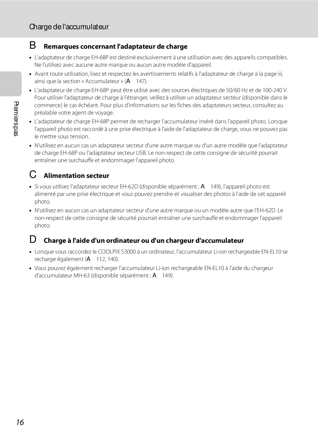 Nikon S3000 manuel dutilisation Charge de laccumulateur, Remarques concernant ladaptateur de charge, Alimentation secteur 