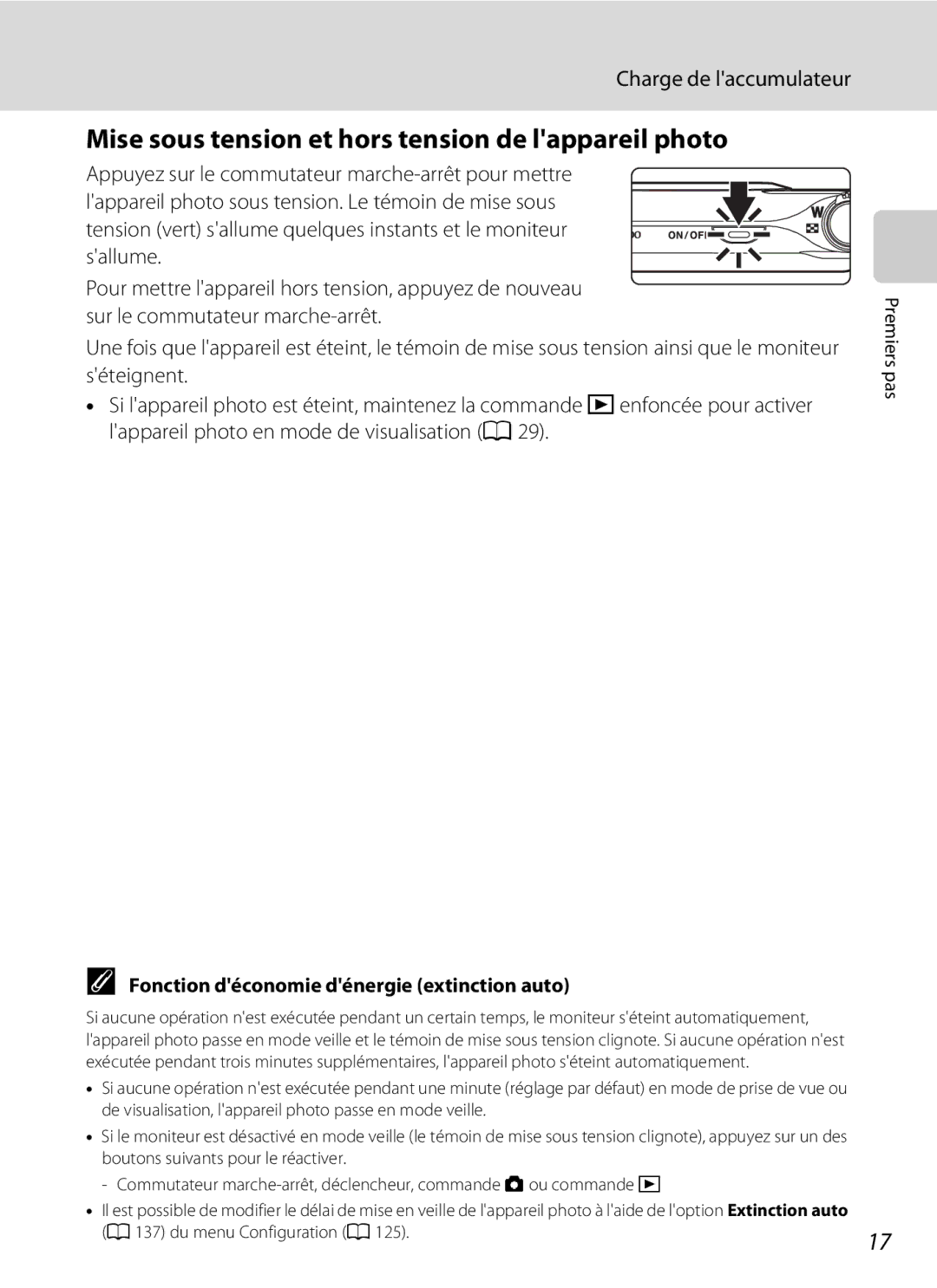 Nikon S3000 Mise sous tension et hors tension de lappareil photo, Fonction déconomie dénergie extinction auto 