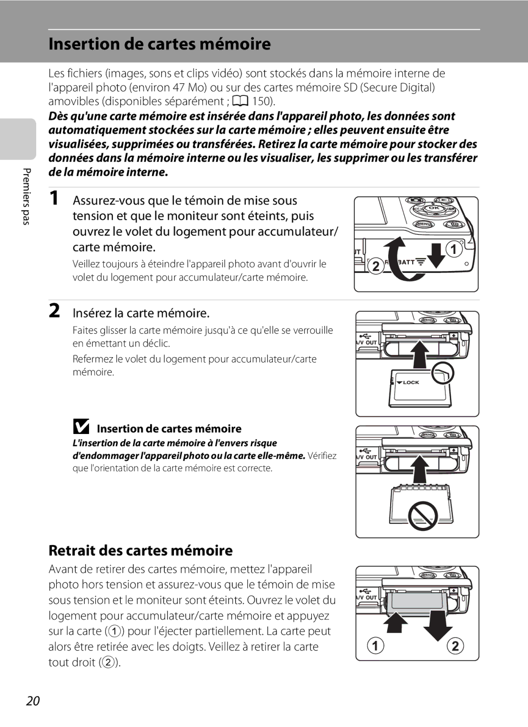 Nikon S3000 manuel dutilisation Insertion de cartes mémoire, Retrait des cartes mémoire, Insérez la carte mémoire 