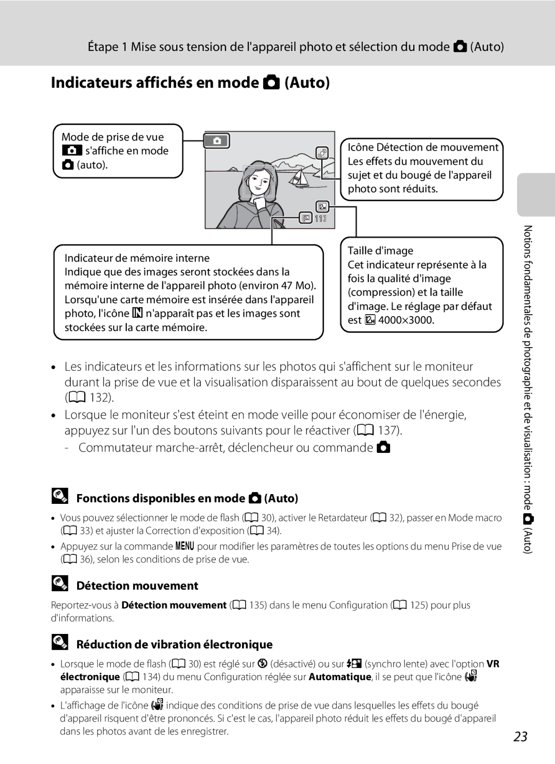 Nikon S3000 Indicateurs affichés en mode AAuto, Commutateur marche-arrêt, déclencheur ou commande a, Détection mouvement 