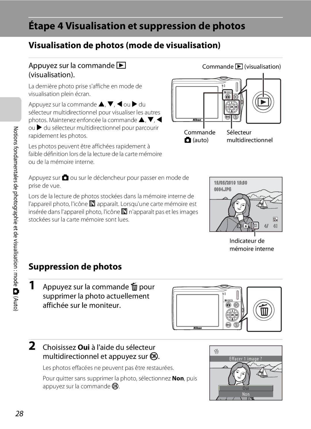 Nikon S3000 Étape 4 Visualisation et suppression de photos, Visualisation de photos mode de visualisation 