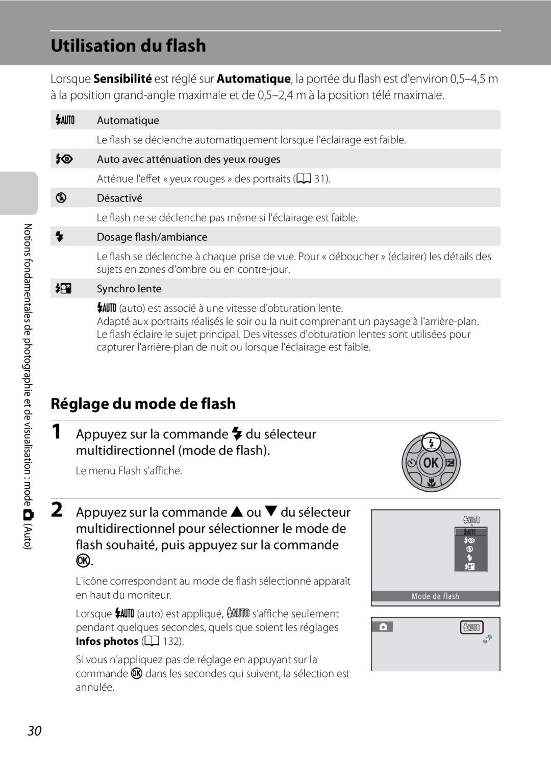 Nikon S3000 manuel dutilisation Utilisation du flash, Réglage du mode de flash, Le menu Flash saffiche 