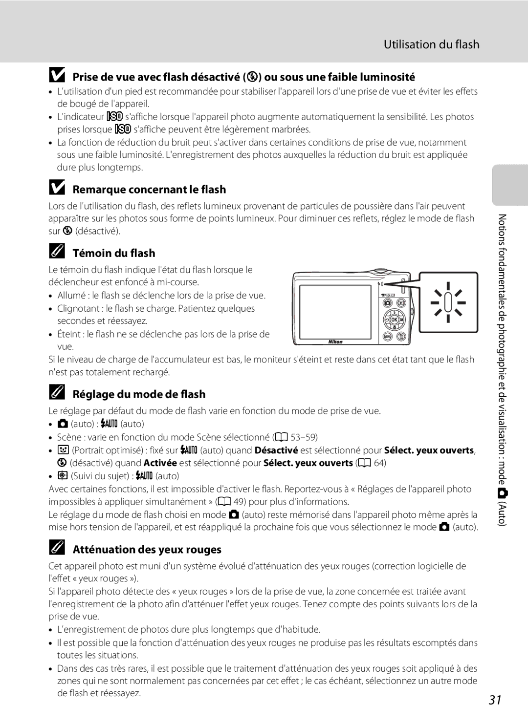 Nikon S3000 Utilisation du flash, Remarque concernant le flash, Témoin du flash, Réglage du mode de flash 