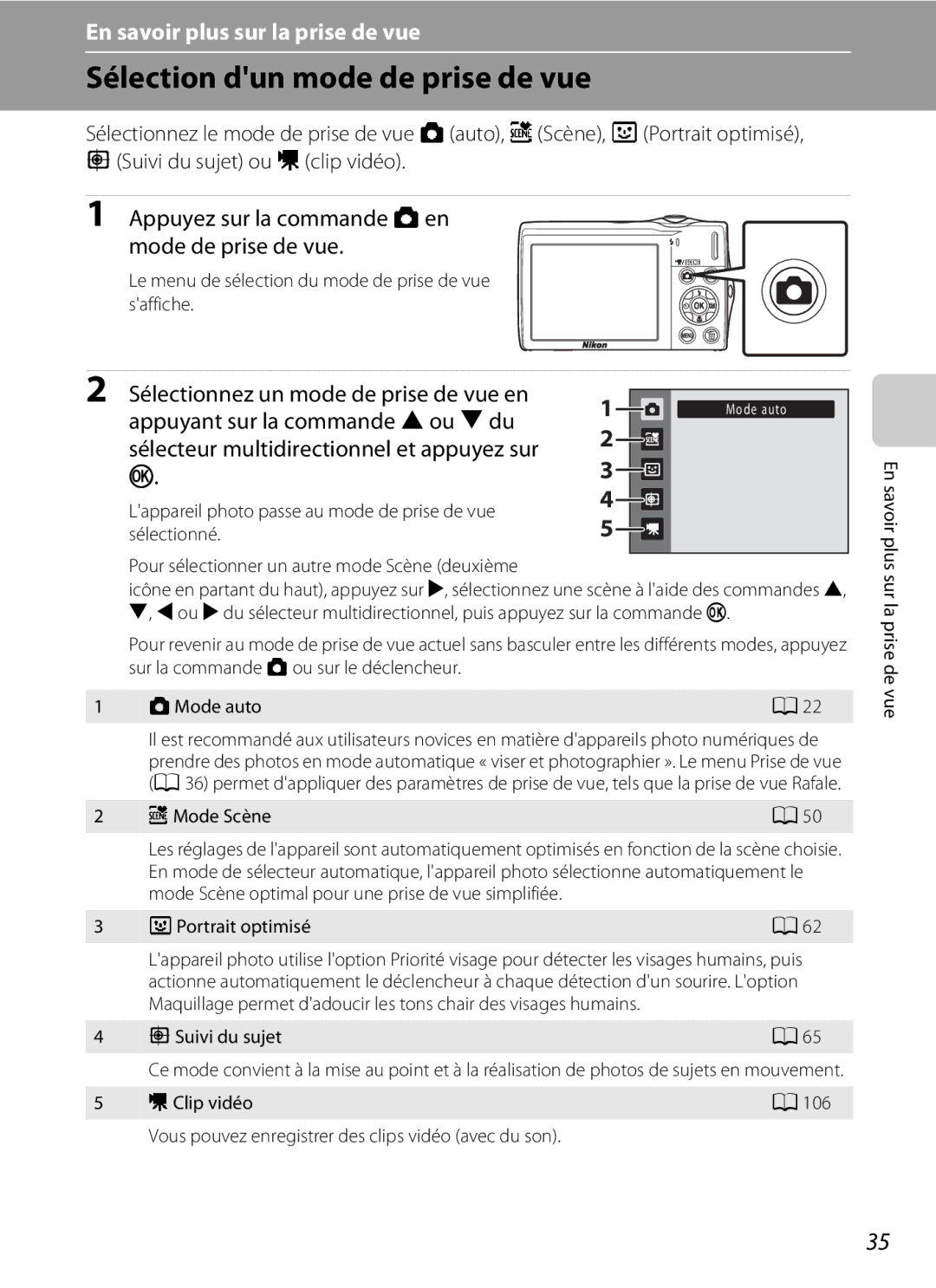 Nikon S3000 manuel dutilisation Sélection dun mode de prise de vue, Le menu de sélection du mode de prise de vue saffiche 