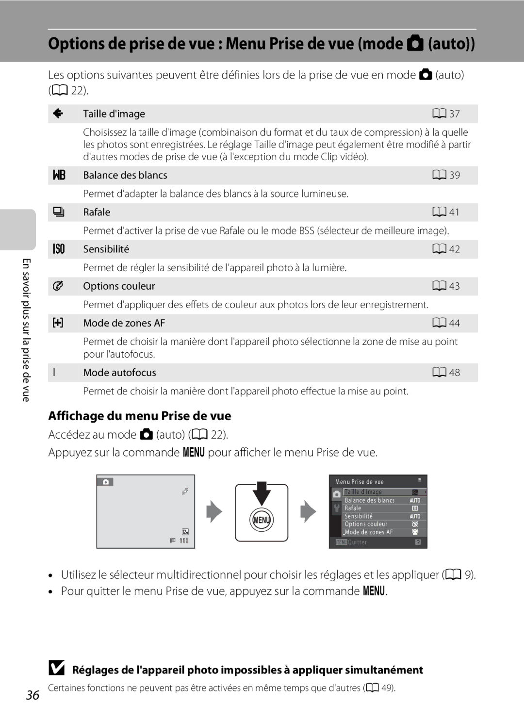 Nikon S3000 Options de prise de vue Menu Prise de vue mode Aauto, Affichage du menu Prise de vue, Mode de zones AF 
