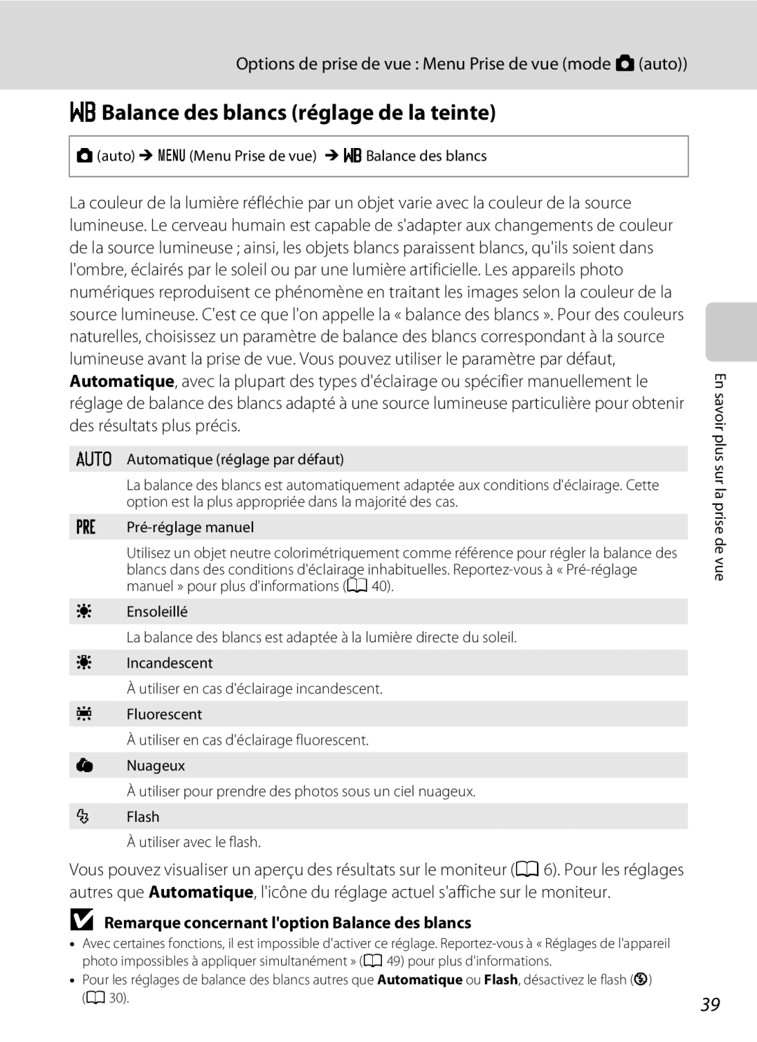 Nikon S3000 manuel dutilisation BBalance des blancs réglage de la teinte, Remarque concernant loption Balance des blancs 