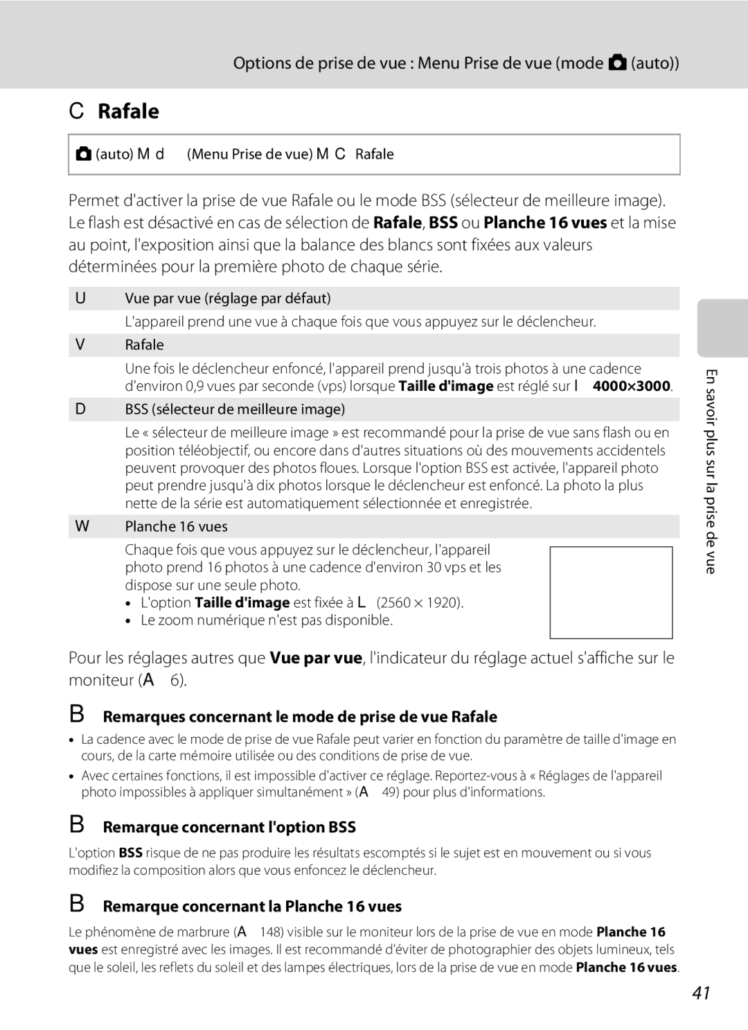 Nikon S3000 manuel dutilisation Remarques concernant le mode de prise de vue Rafale, Remarque concernant loption BSS 