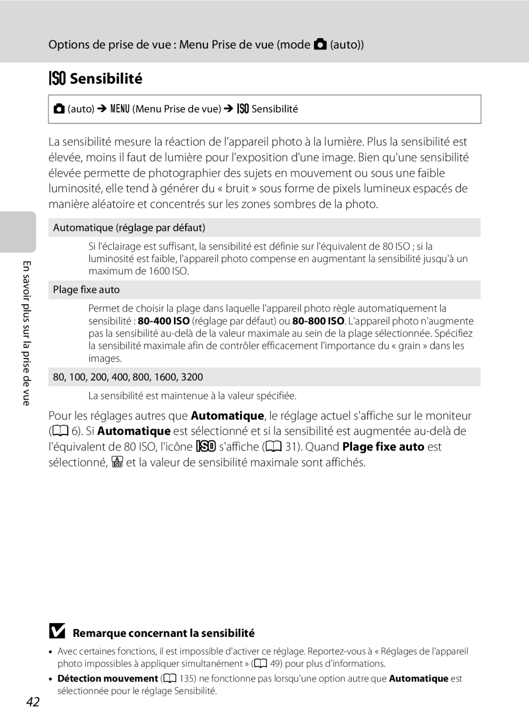Nikon S3000 manuel dutilisation Sensibilité, Remarque concernant la sensibilité 
