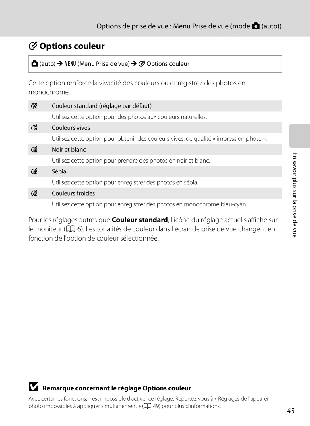 Nikon S3000 manuel dutilisation FOptions couleur, Remarque concernant le réglage Options couleur 