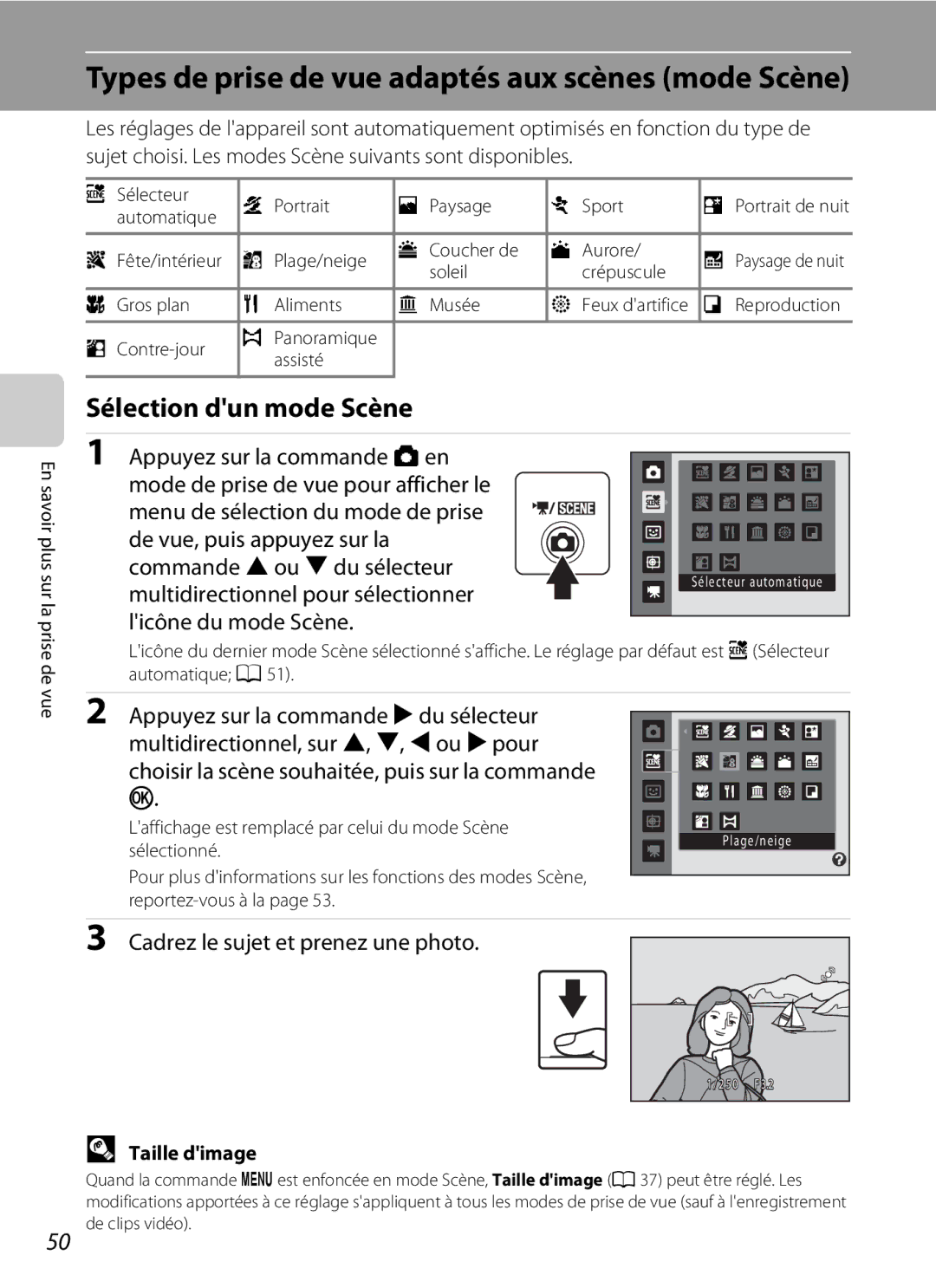 Nikon S3000 Types de prise de vue adaptés aux scènes mode Scène, Sélection dun mode Scène, En savoir plus sur la 