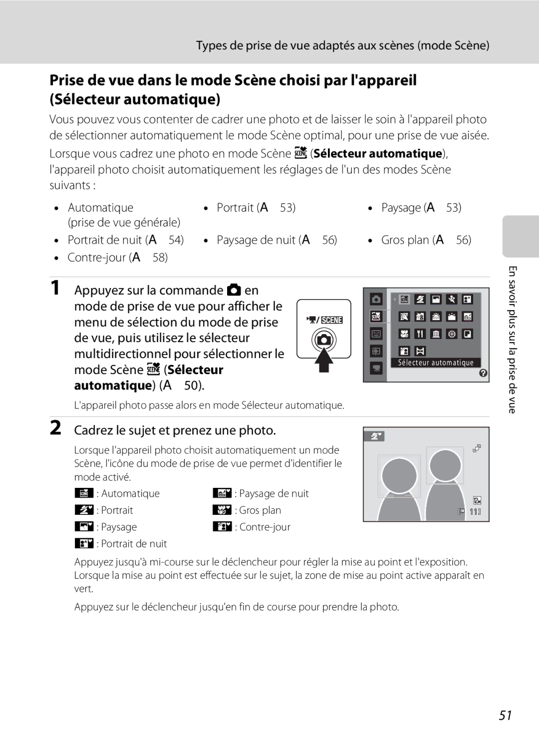 Nikon S3000 manuel dutilisation Types de prise de vue adaptés aux scènes mode Scène, Automatique a, Gros plan a 