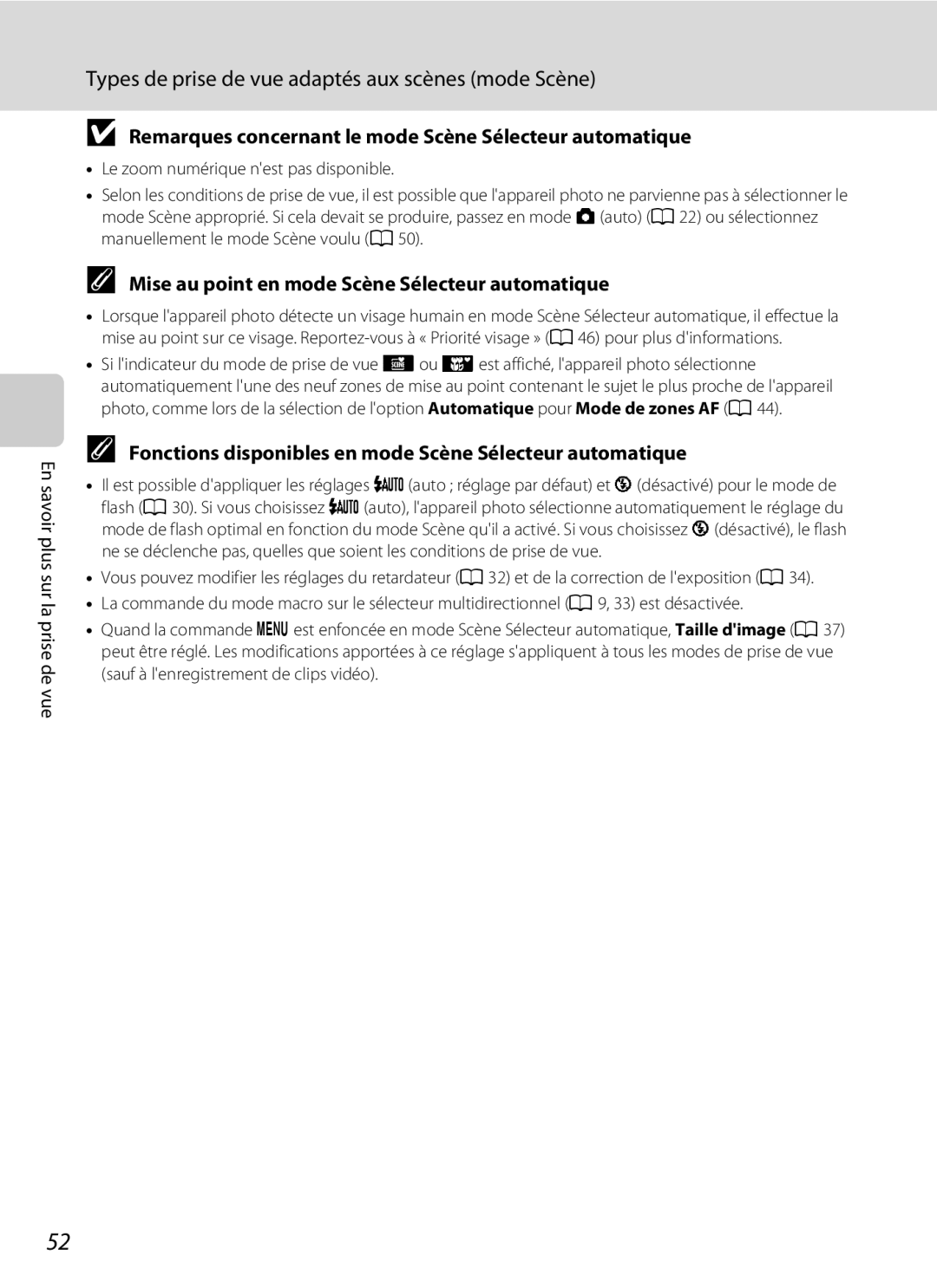 Nikon S3000 Remarques concernant le mode Scène Sélecteur automatique, Mise au point en mode Scène Sélecteur automatique 