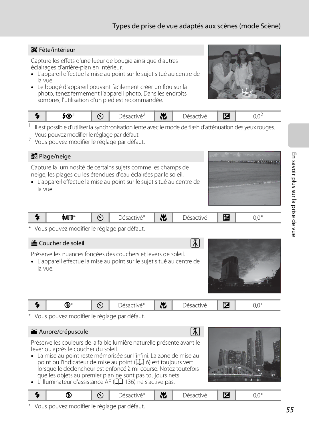 Nikon S3000 manuel dutilisation Vous pouvez modifier le réglage par défaut Plage/neige, Coucher de soleil 