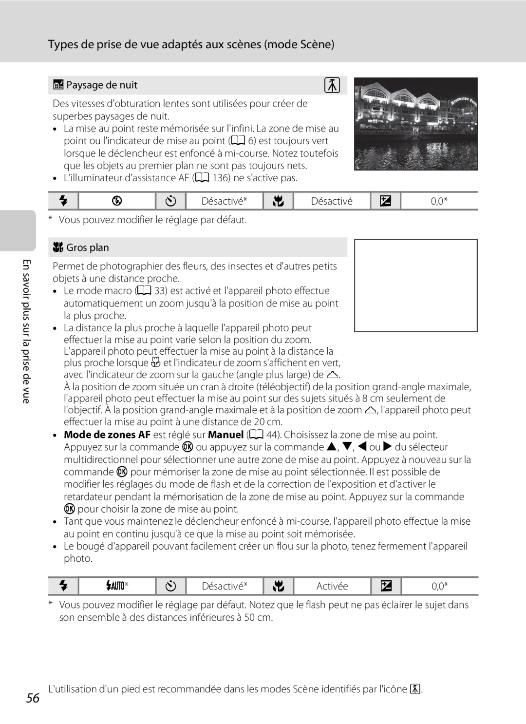Nikon S3000 manuel dutilisation Paysage de nuit, Désactivé Activée 