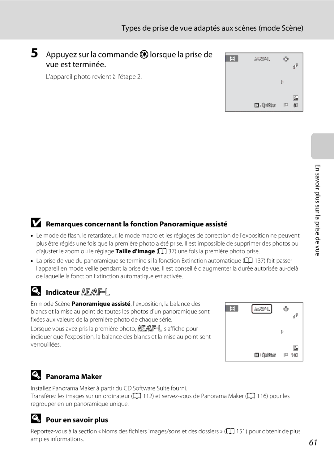 Nikon S3000 Remarques concernant la fonction Panoramique assisté, Indicateur R, Panorama Maker, Amples informations 