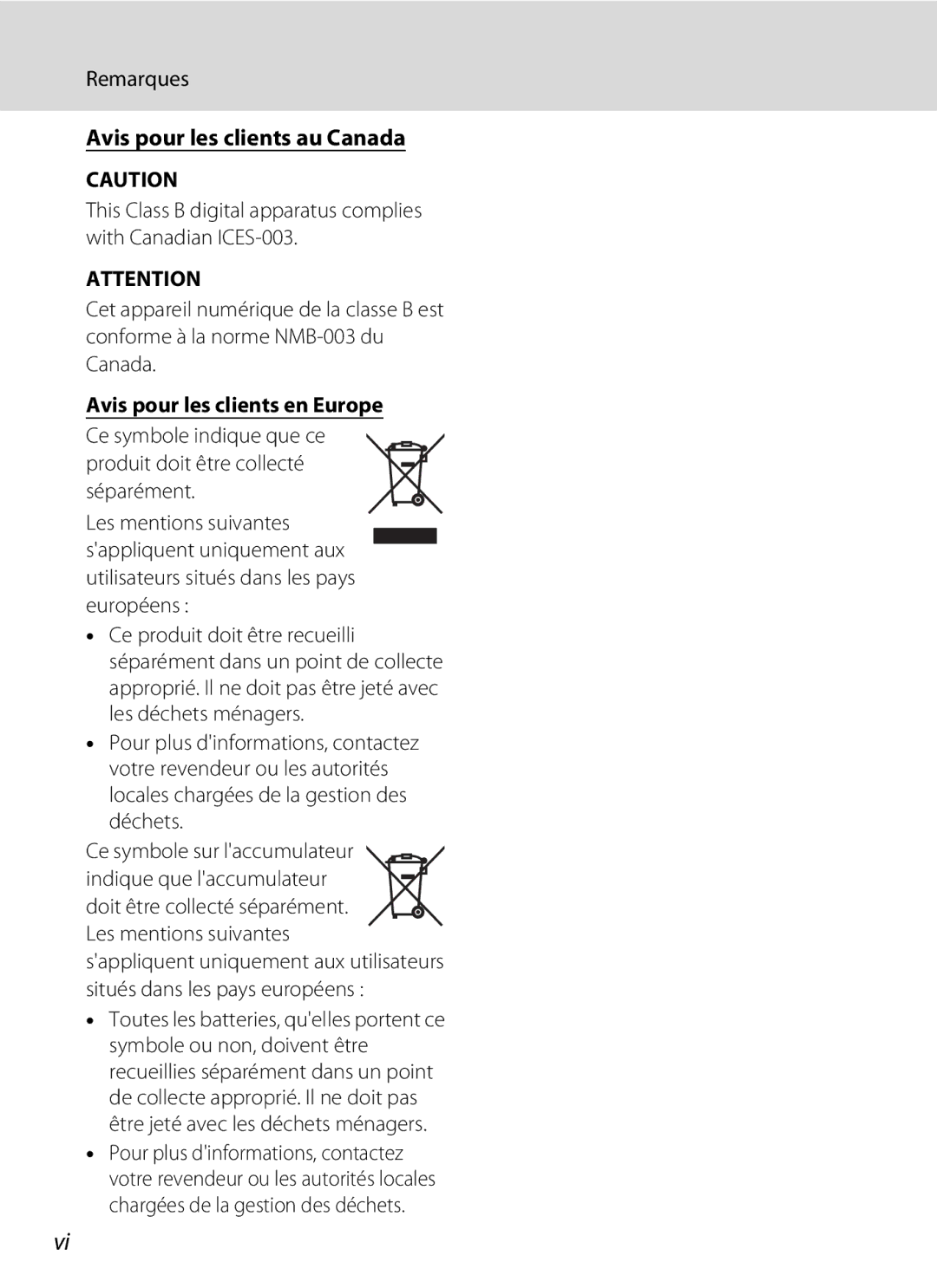 Nikon S3000 manuel dutilisation Remarques, Avis pour les clients au Canada, Avis pour les clients en Europe 