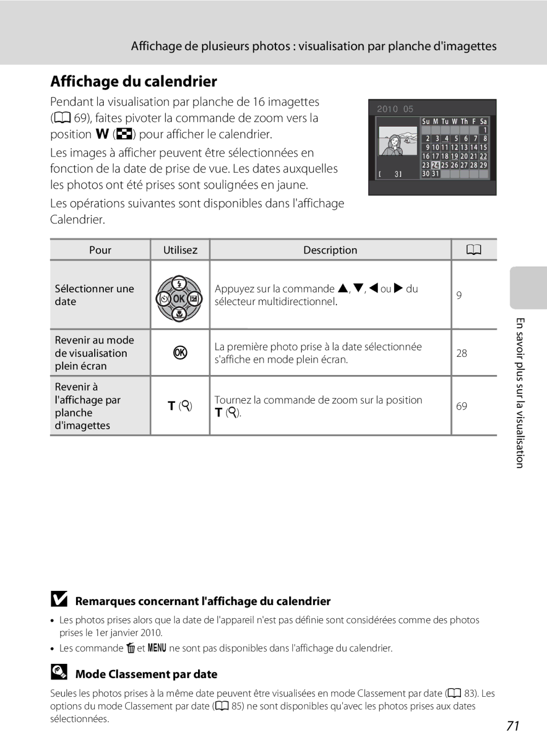 Nikon S3000 Affichage du calendrier, Remarques concernant laffichage du calendrier, Mode Classement par date 