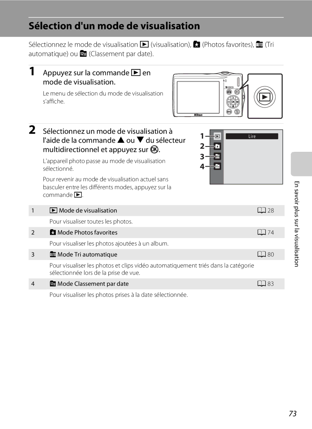 Nikon S3000 manuel dutilisation Sélection dun mode de visualisation, Le menu de sélection du mode de visualisation saffiche 