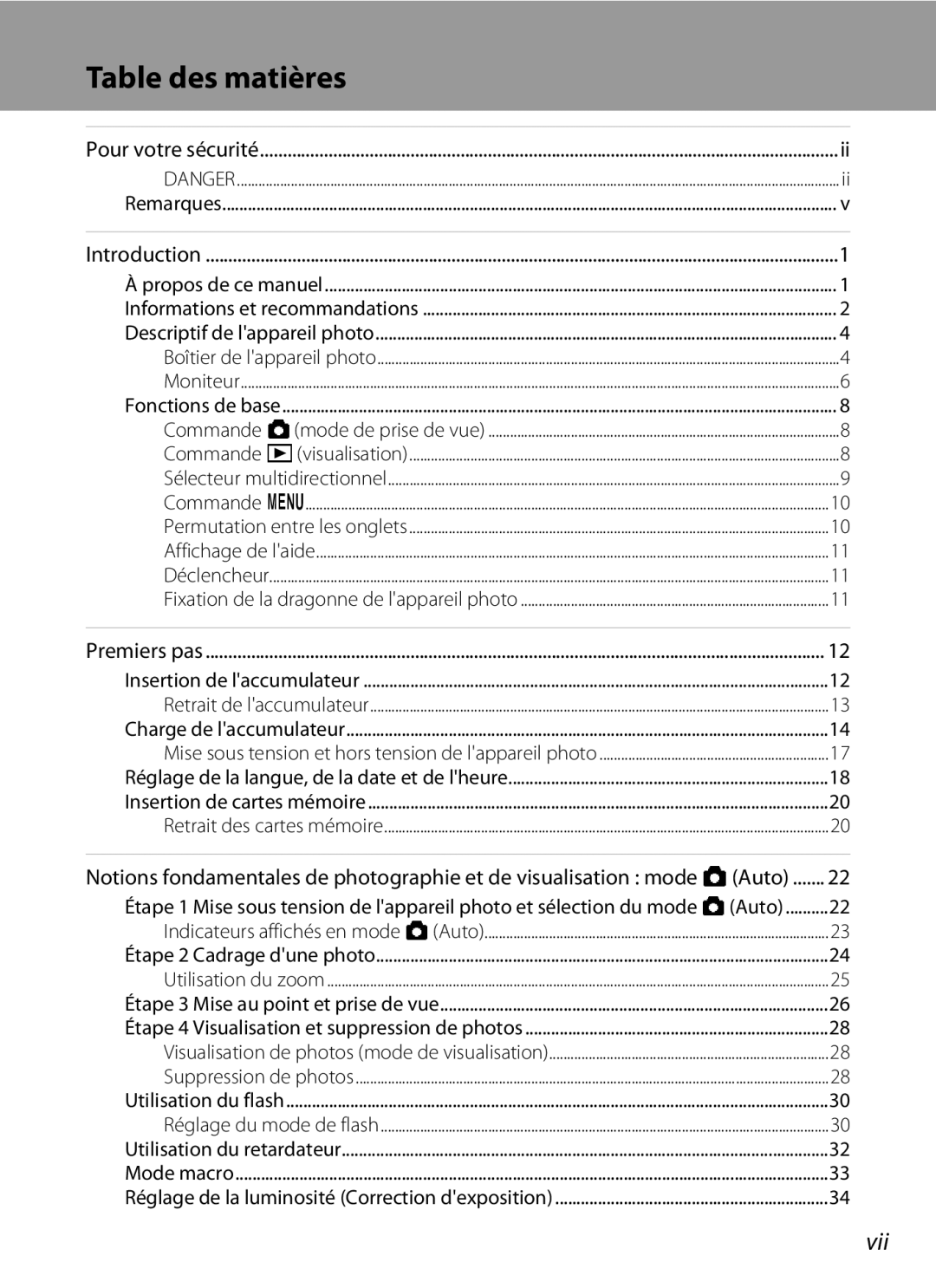 Nikon S3000 manuel dutilisation Table des matières, Vii 