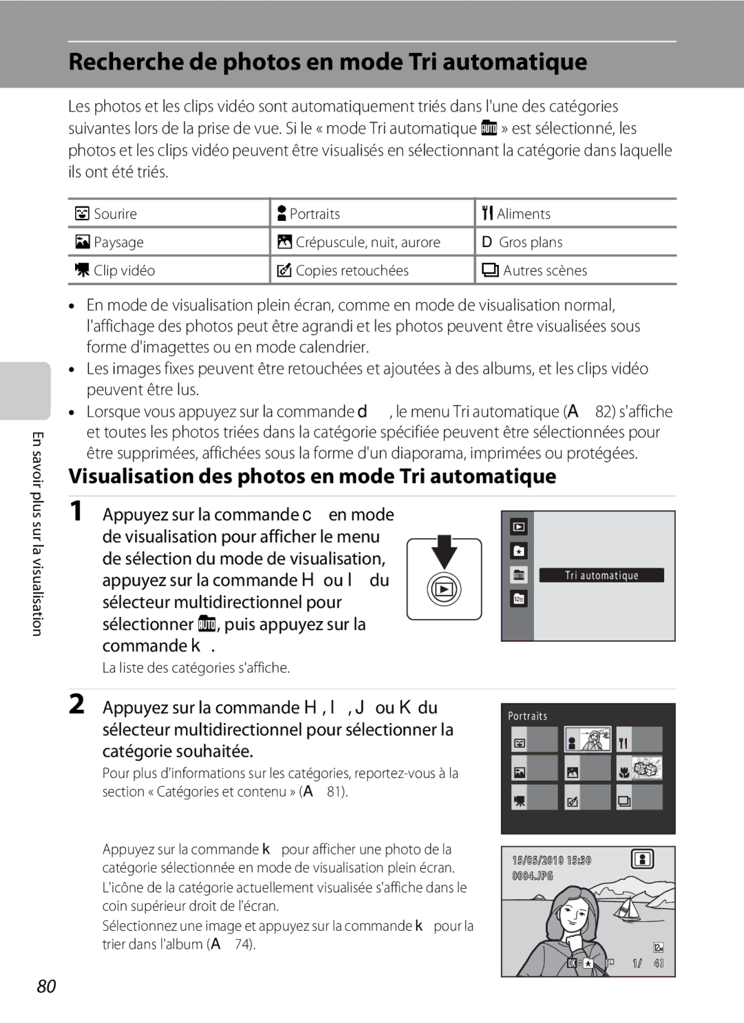 Nikon S3000 Recherche de photos en mode Tri automatique, Visualisation des photos en mode Tri automatique, En savoir 