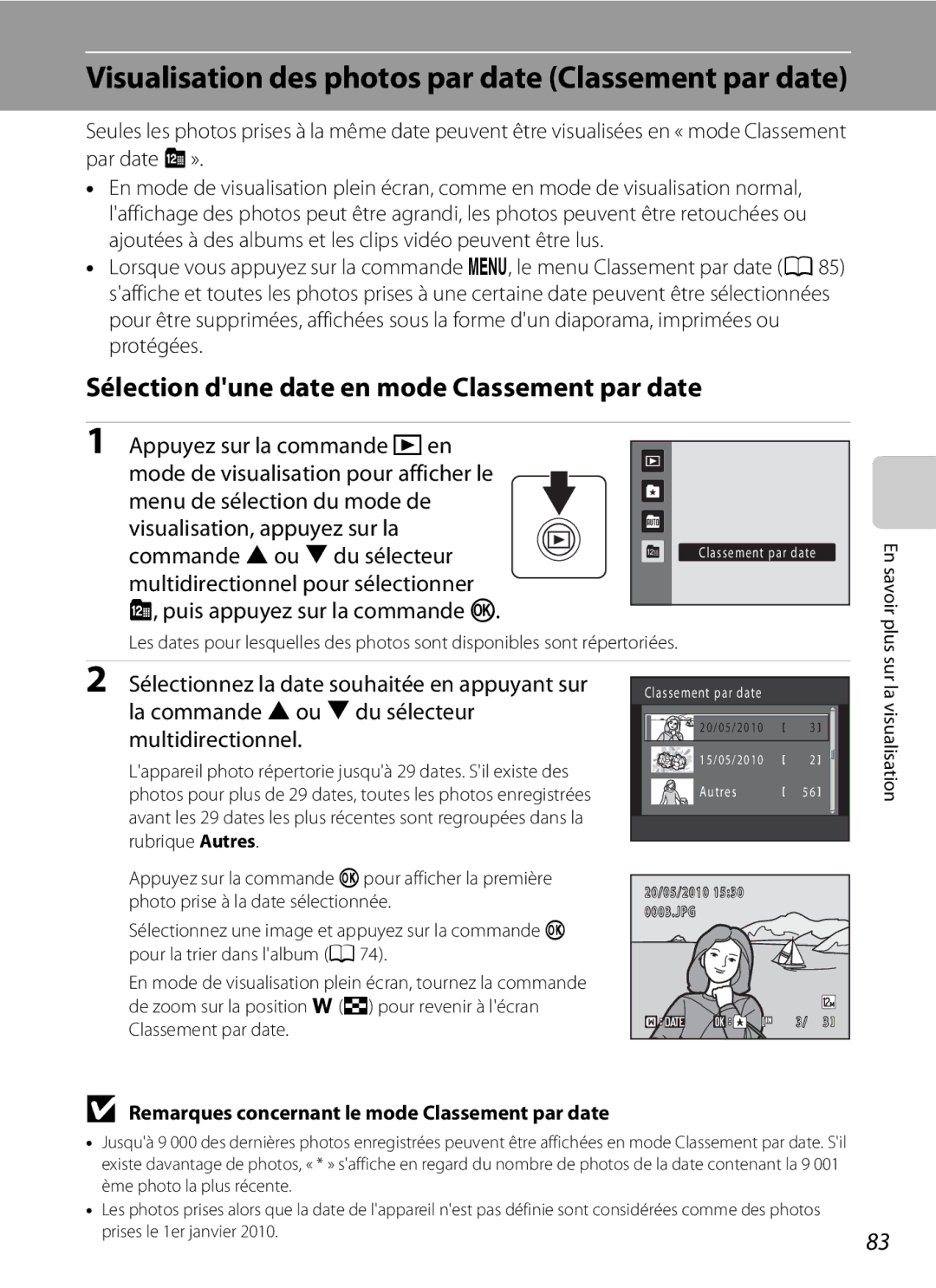 Nikon S3000 Visualisation des photos par date Classement par date, Sélection dune date en mode Classement par date 