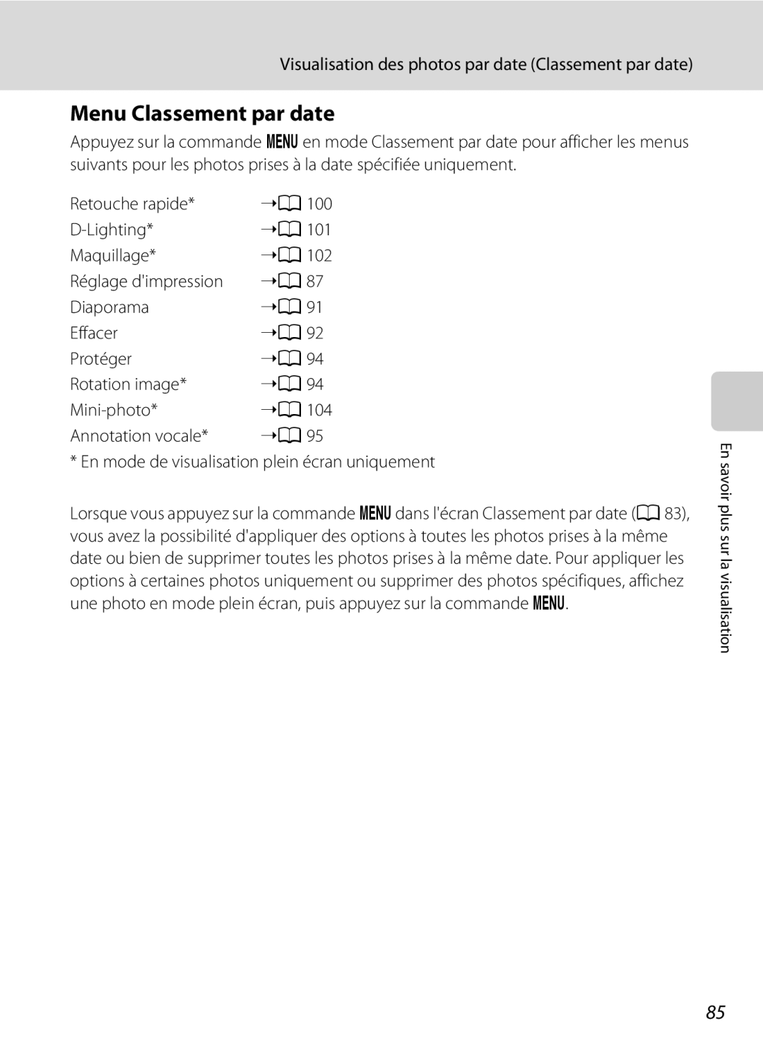 Nikon S3000 manuel dutilisation Menu Classement par date 