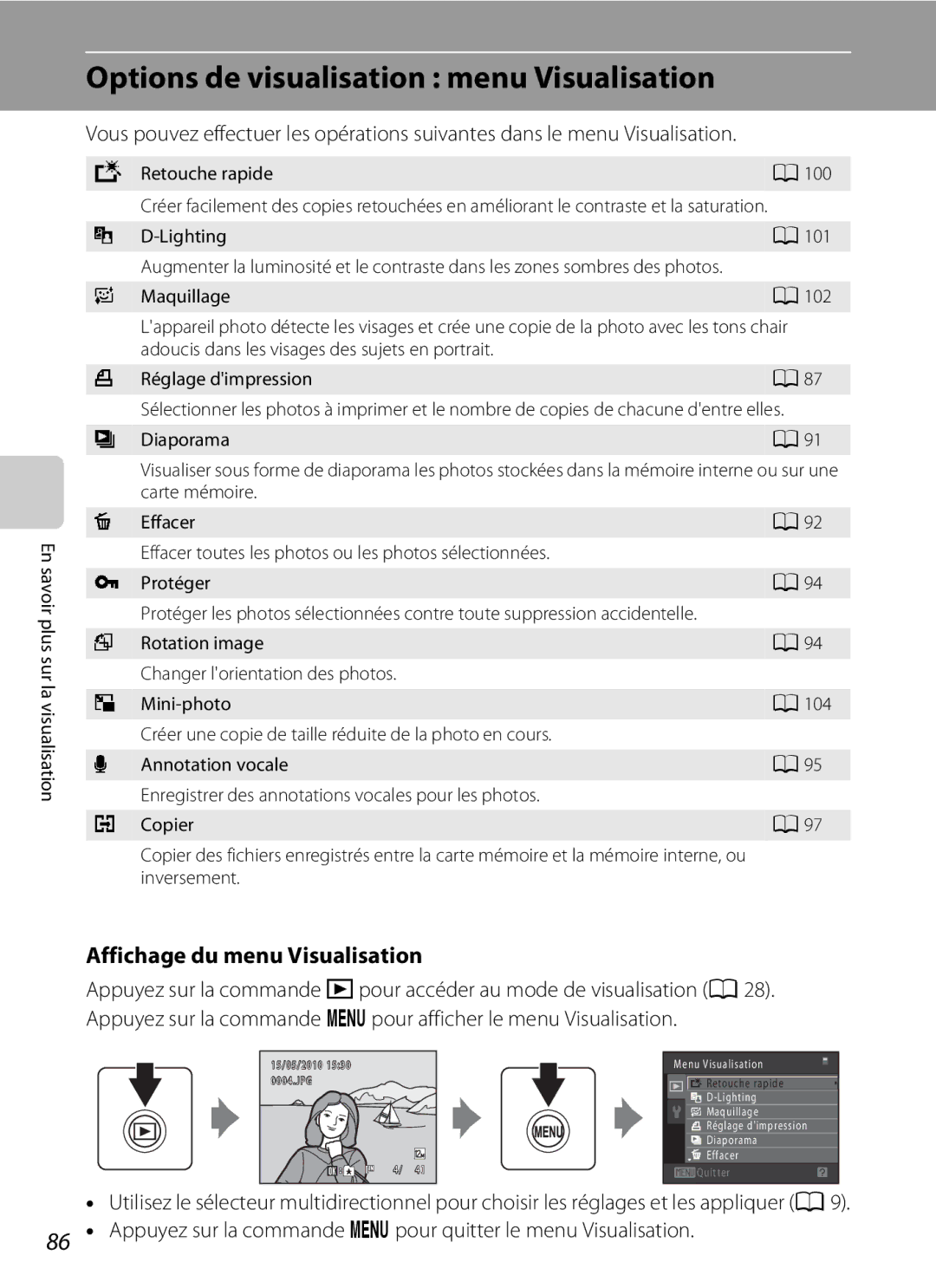 Nikon S3000 manuel dutilisation Options de visualisation menu Visualisation, Affichage du menu Visualisation 