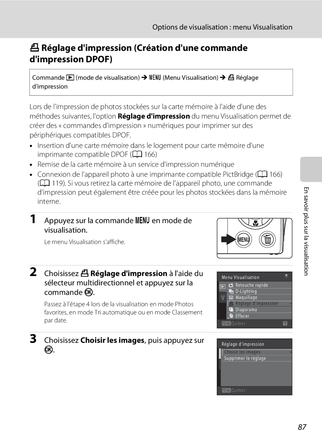 Nikon S3000 manuel dutilisation Options de visualisation menu Visualisation, Le menu Visualisation saffiche 