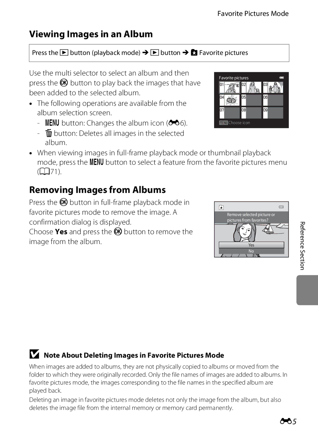 Nikon S3200 manual Viewing Images in an Album, Removing Images from Albums, Favorite Pictures Mode 