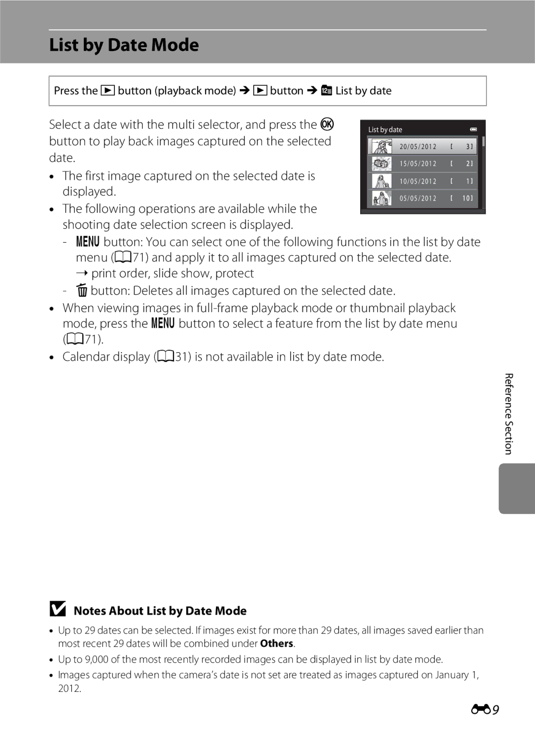 Nikon S3200 manual List by Date Mode, Select a date with the multi selector, and press the k 