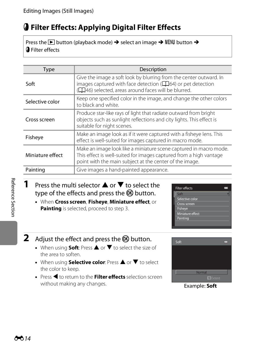 Nikon S3200 manual PFilter Effects Applying Digital Filter Effects, Press the multi selector Hor Ito select, E14 