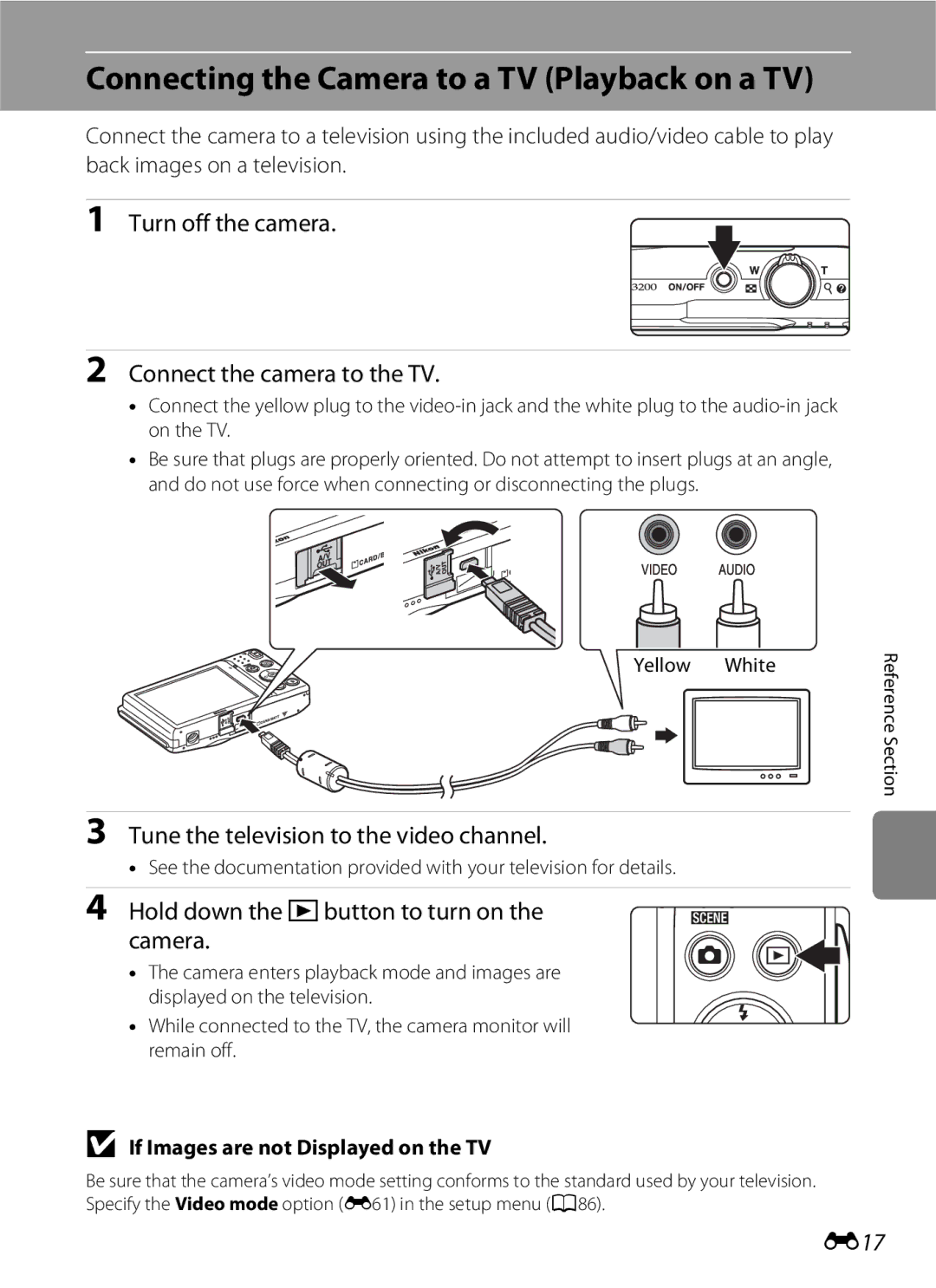 Nikon S3200 manual Connecting the Camera to a TV Playback on a TV, Turn off the camera Connect the camera to the TV, E17 