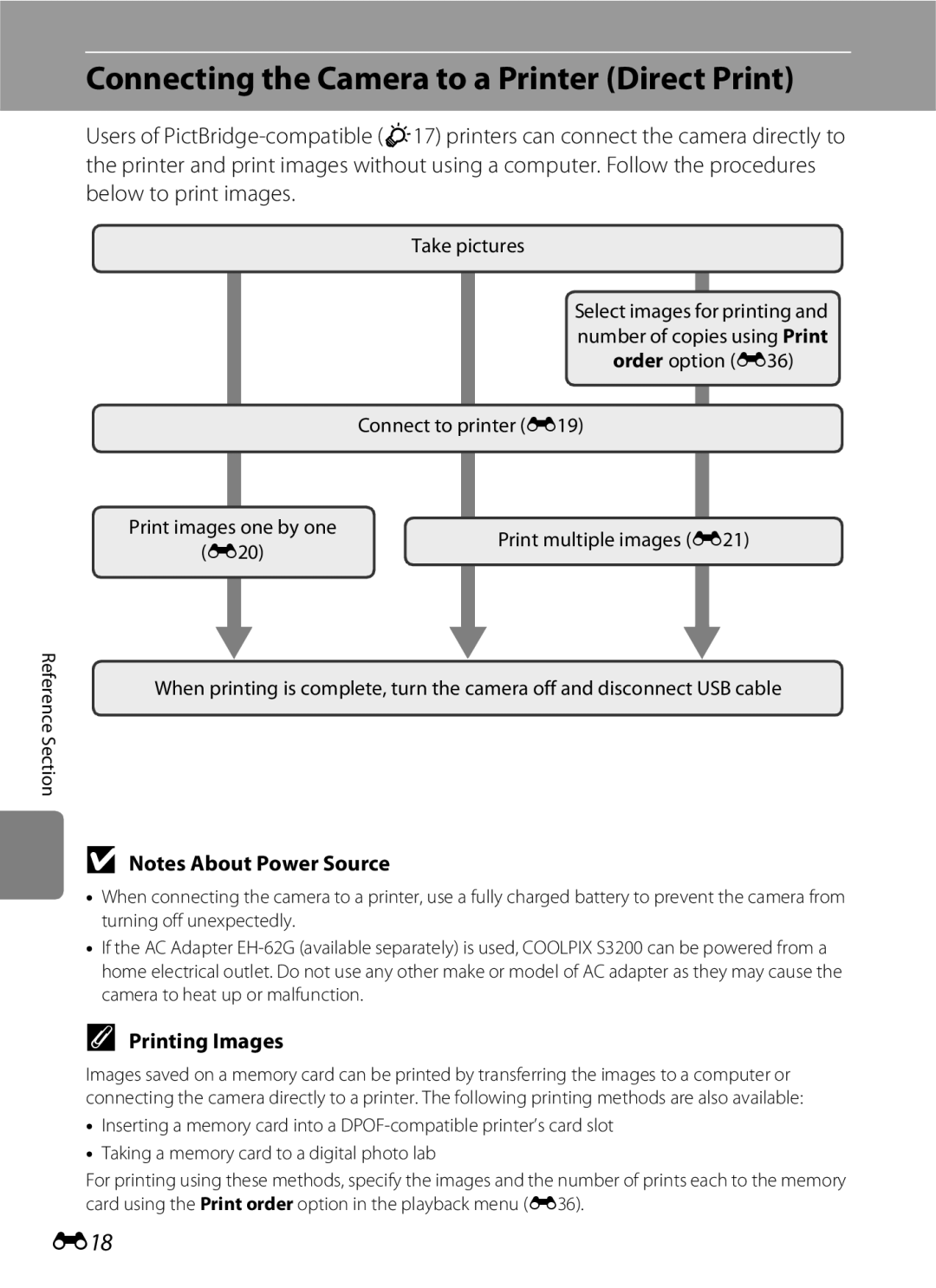 Nikon S3200 manual Connecting the Camera to a Printer Direct Print, E18, Printing Images, Take pictures 