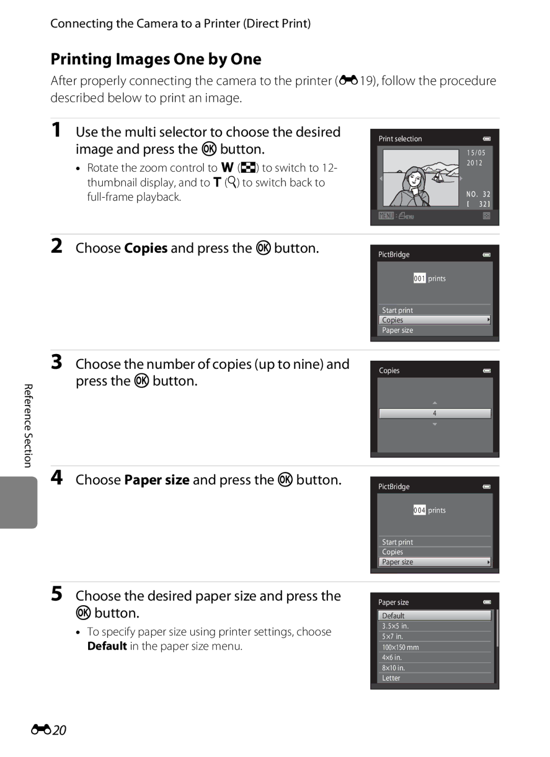 Nikon S3200 manual Printing Images One by One, Choose Paper size and press the k button, E20 