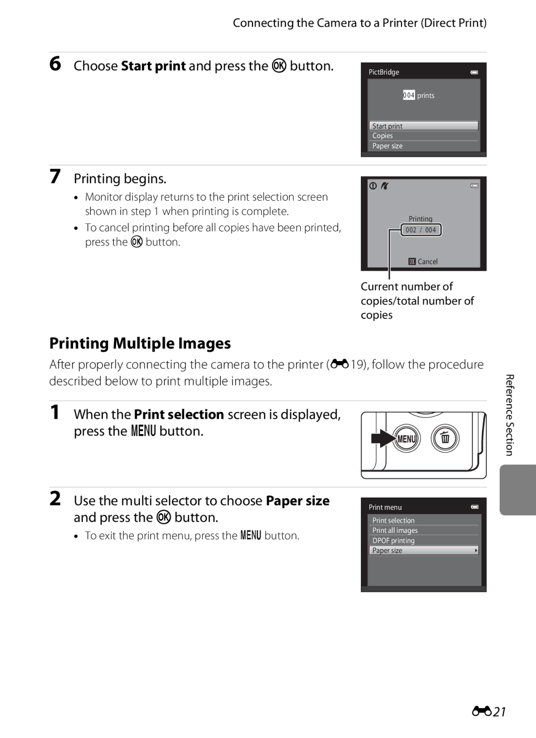 Nikon S3200 manual Printing Multiple Images, Printing begins, E21 