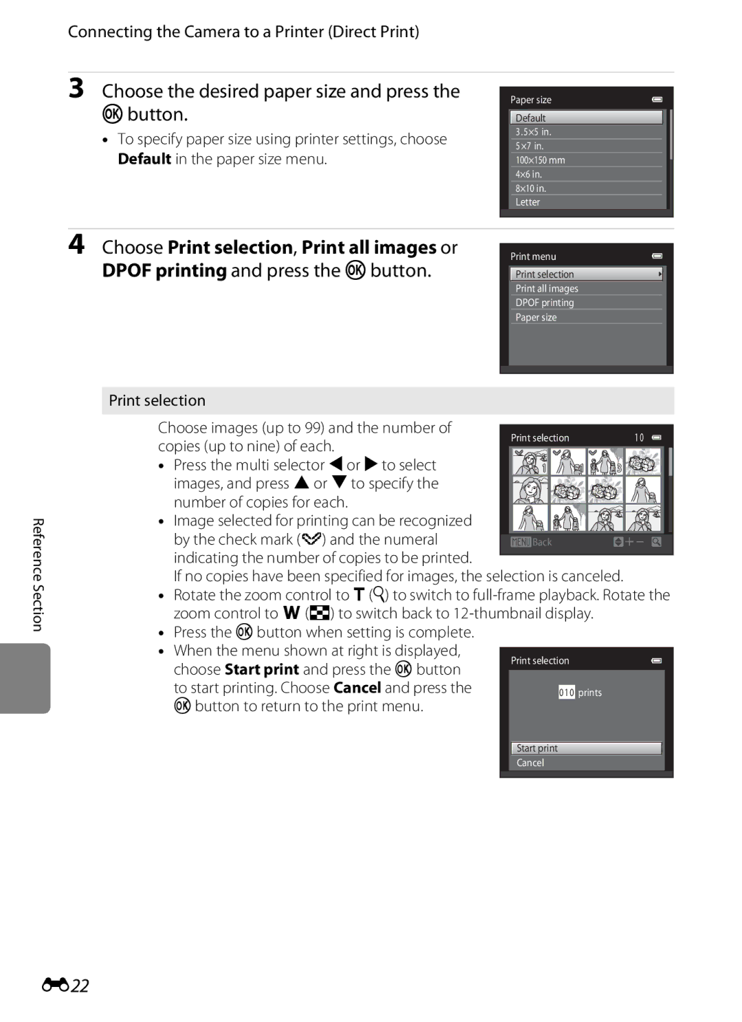 Nikon S3200 manual E22, Kbutton to return to the print menu 