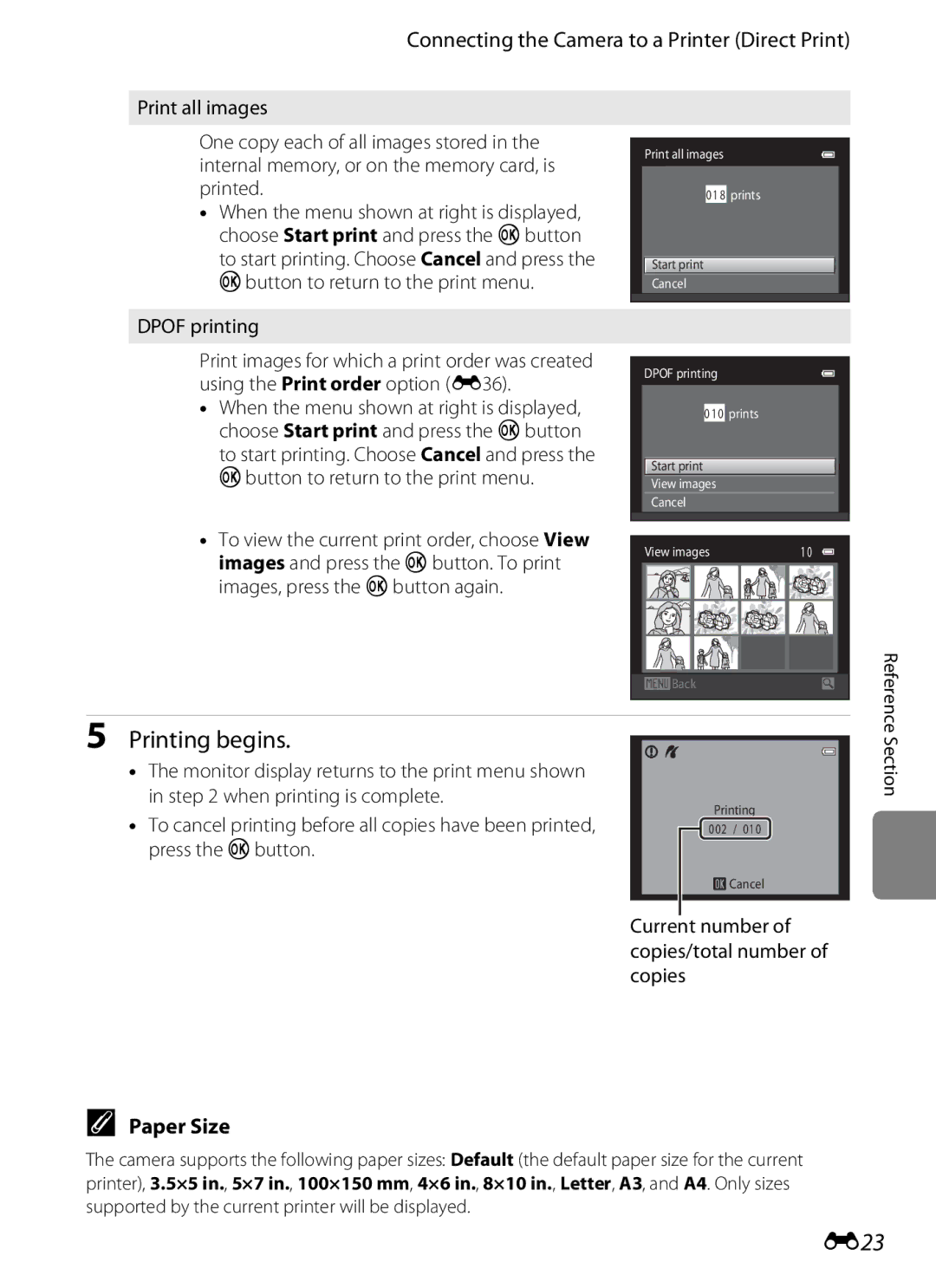 Nikon S3200 manual E23, Paper Size, Dpof printing 