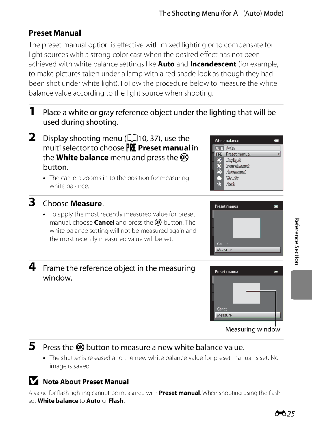 Nikon S3200 manual Preset Manual, Choose Measure, Press the kbutton to measure a new white balance value, E25 