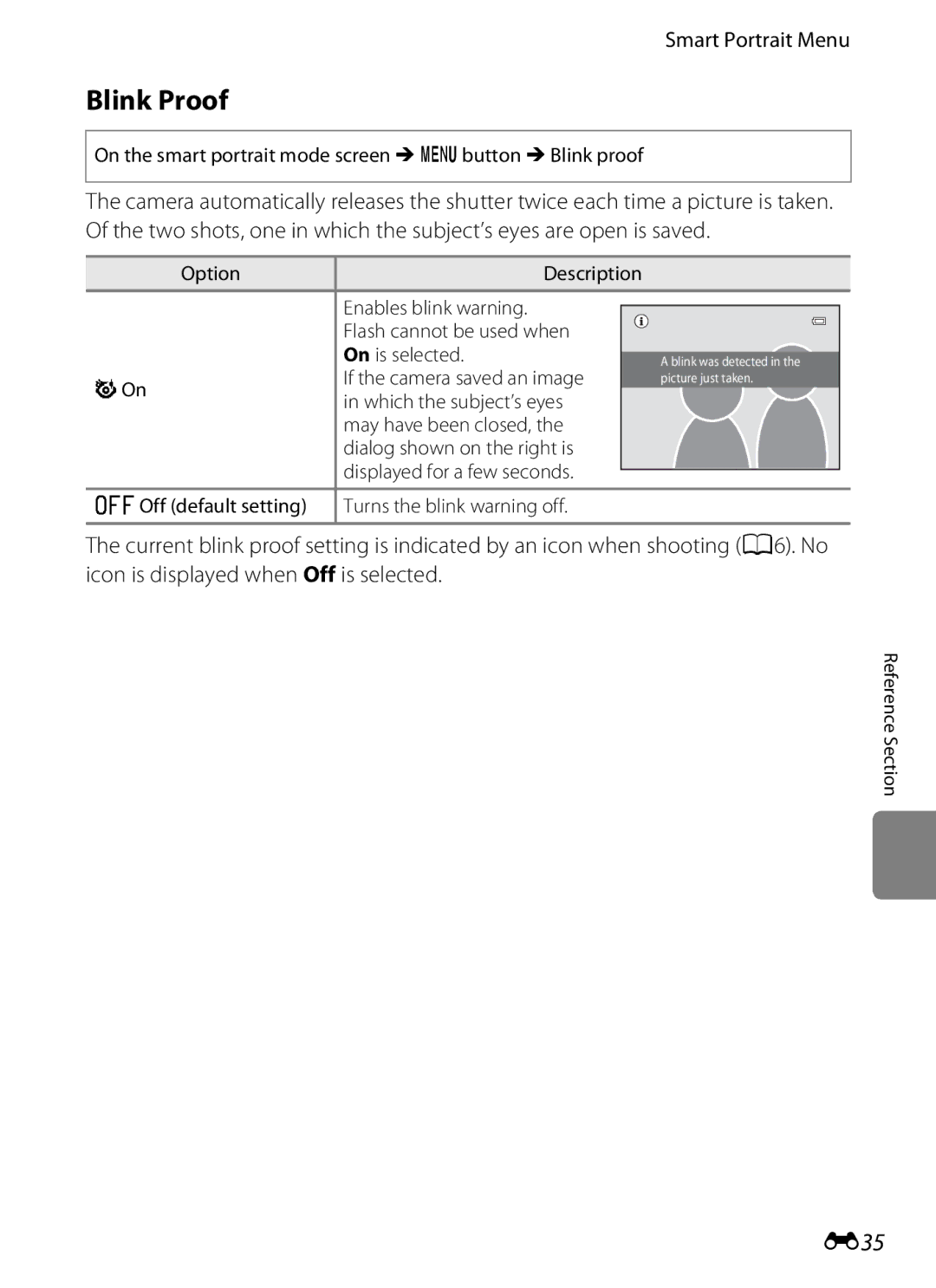 Nikon S3200 manual Blink Proof, E35, Smart Portrait Menu, On the smart portrait mode screen M dbutton MBlink proof 