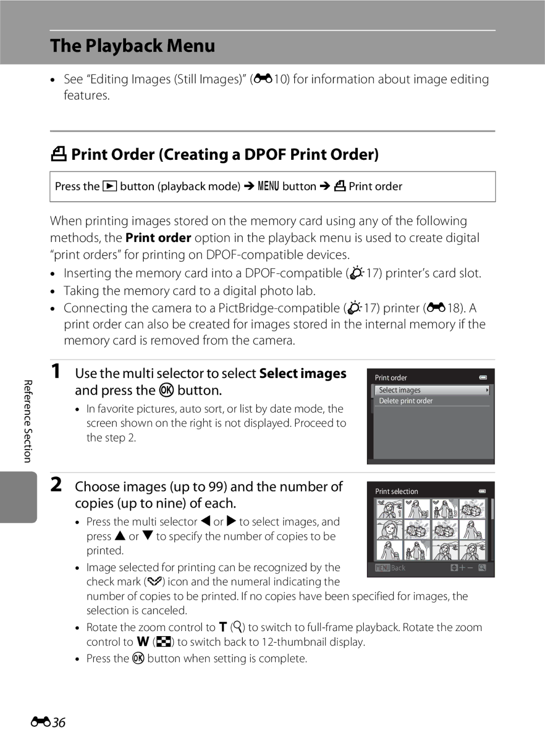 Nikon S3200 manual Playback Menu, APrint Order Creating a Dpof Print Order, E36 